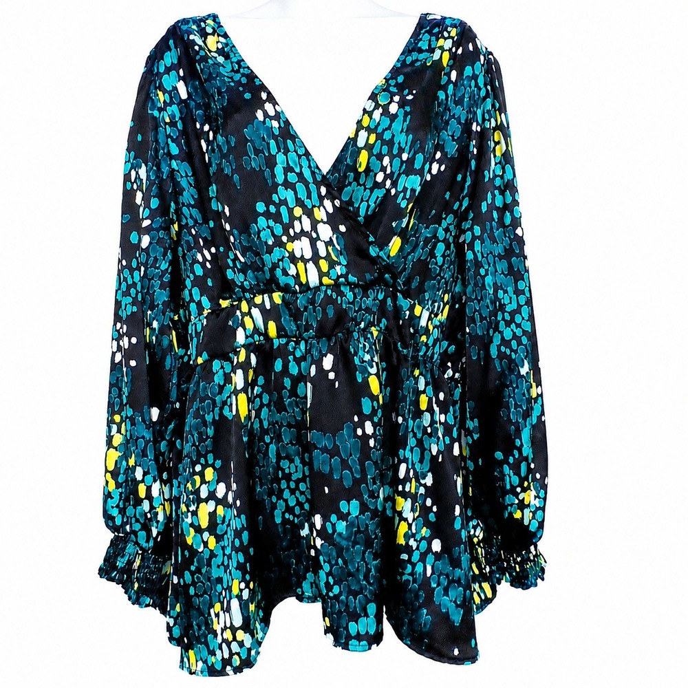 Torrid Black Teal Satin Surplice Cutout Back Tie Blouse‎ 2 Long Sleeve Party Y2K